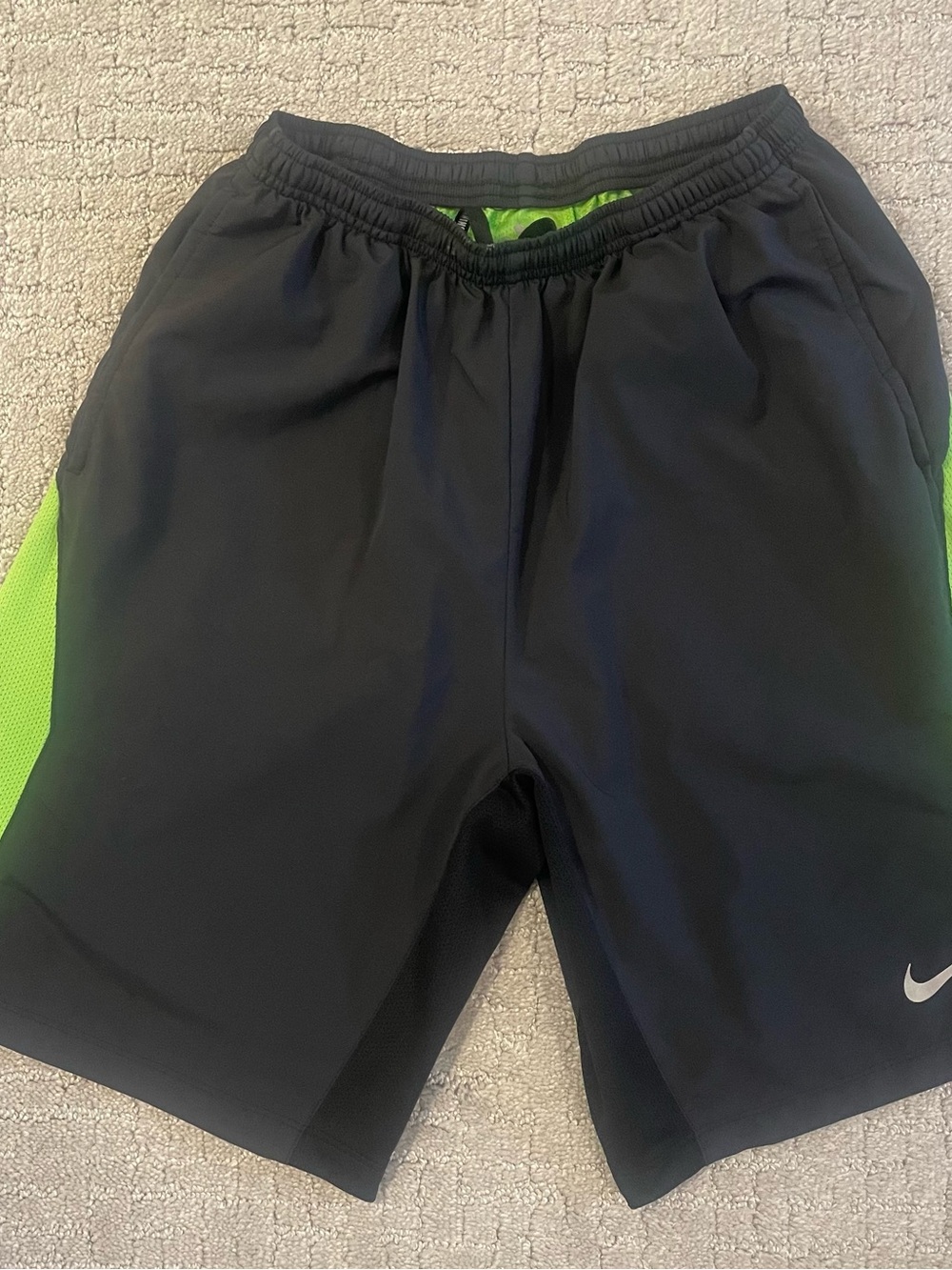 Nike Men's Black Dri Fit Running Shorts with Neon Green Panel